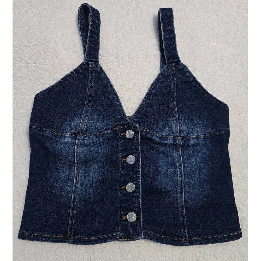 Refuge Denim Blue Cropped Button Front Sleeveless V-Neck Wide Strap Tank Top L